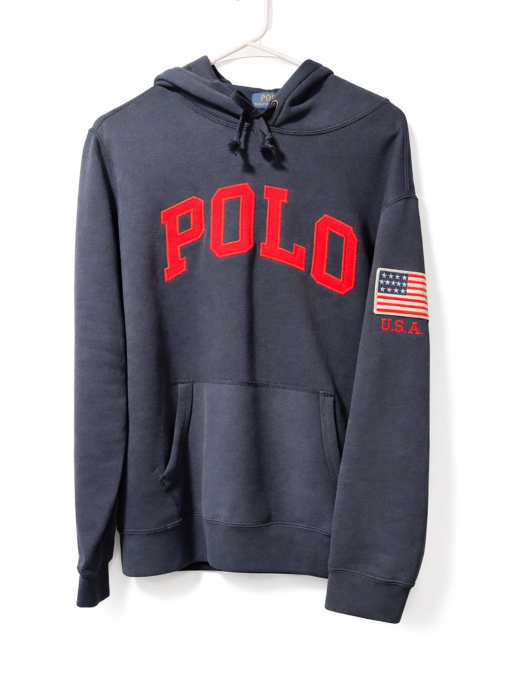 Polo Ralph Lauren Navy Hoodie with Red Chest Logo and Flag Sleeve